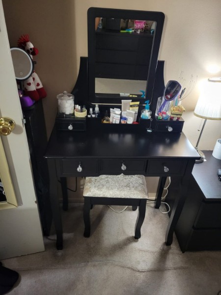 Makeup Vanity Table And Cushioned Stool, Black Vanity Desk Mirror